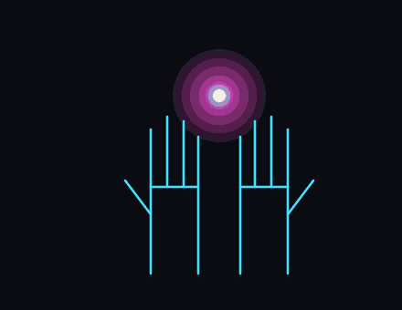 Two open hands raised around a pulsing point of light, rings of energy radiating outward